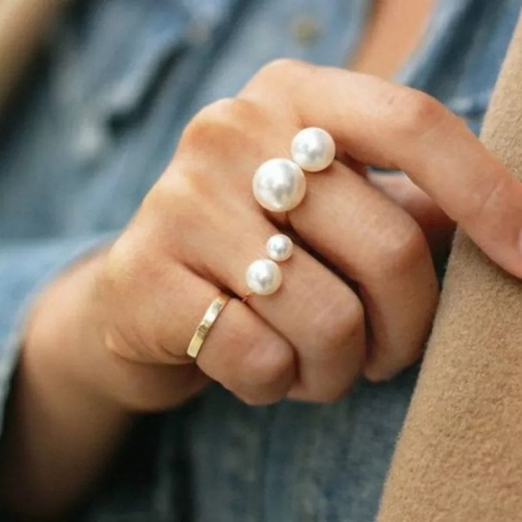 Exclusively Fancy Jewelry - 3 ring set Silver & Gold Faux Pearl Adjustable Rings